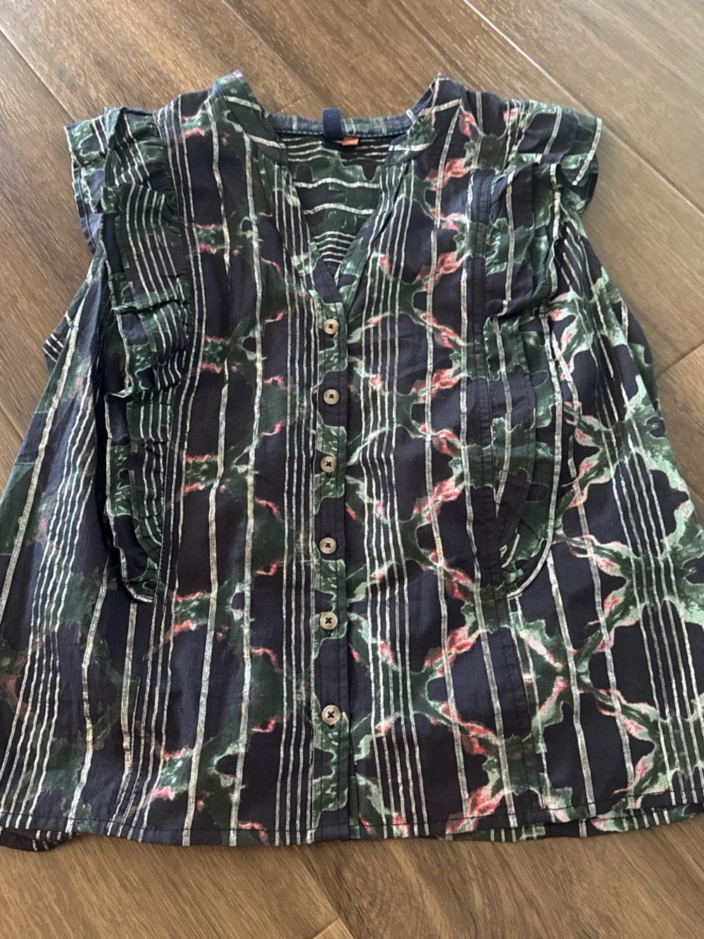 Pilcro Navy & Green Printed Button-Front Top